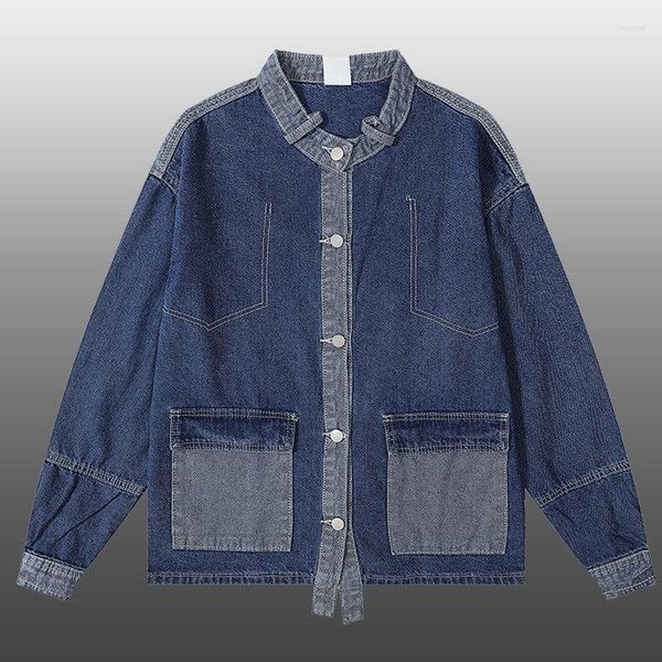 Jaquetas masculinas contraste costura lapela denim jaqueta casual casaco outono de alta qualidade vintage bombardeiro homens chamarras para hombre