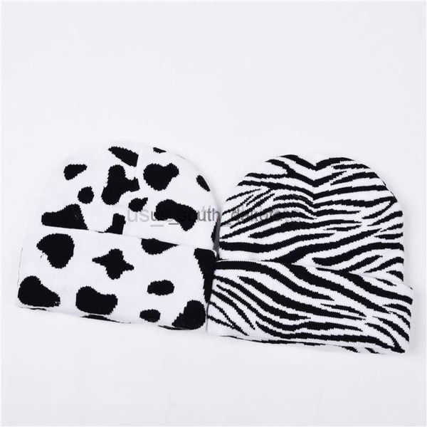 Beanie / Skull Caps Zebra Padrão Vaca Padrão Tricô Manter Aquecido Crimping Beanie Chapéu Unissex Outono Inverno Moda Stripe Skull Cap Mulheres Ski Cap L0825