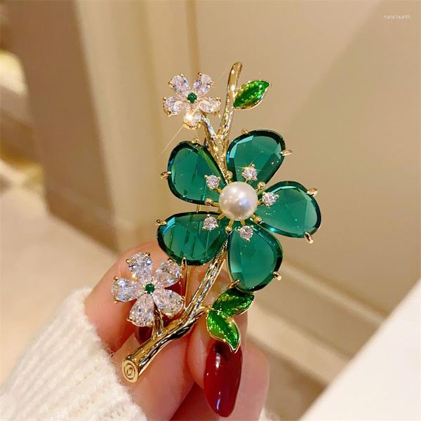 Broches Super Americano Francês Vintage Alto Toque Verde Vidro Cristal Flor Broche Corsage Mulheres Luxo Atmosférico Zircon Pin