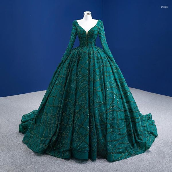 Vêtements ethniques Femmes Vert Foncé Manches Longues Paillettes Robe De Bal À Lacets Une Ligne Robe De Soirée De Soirée