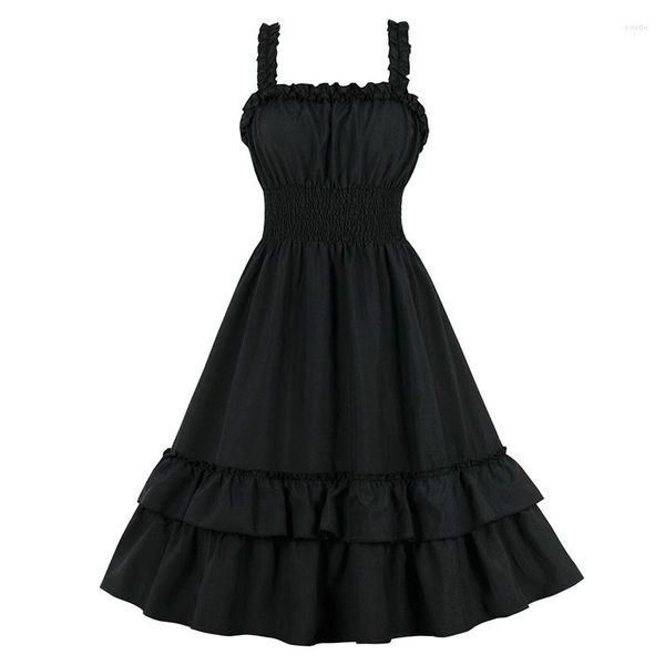 Abiti casual 2023 Moda estiva Donne sexy Spaghetti Strap Ruffle Elastico in vita Una linea Black Party Vintage Skater Swing Dress