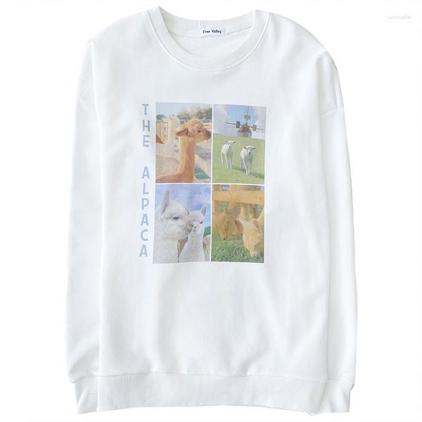 Hoodies femininos bonito alpaca carta impressão outono selvagem solto em torno do pescoço branco pulôver moletom