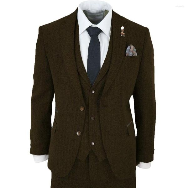 Ternos masculinos de inverno tweed espinha de peixe formal 2023 fumar negócios 3 peças jaquetas colete calças blazer noivo usar smoking masculino