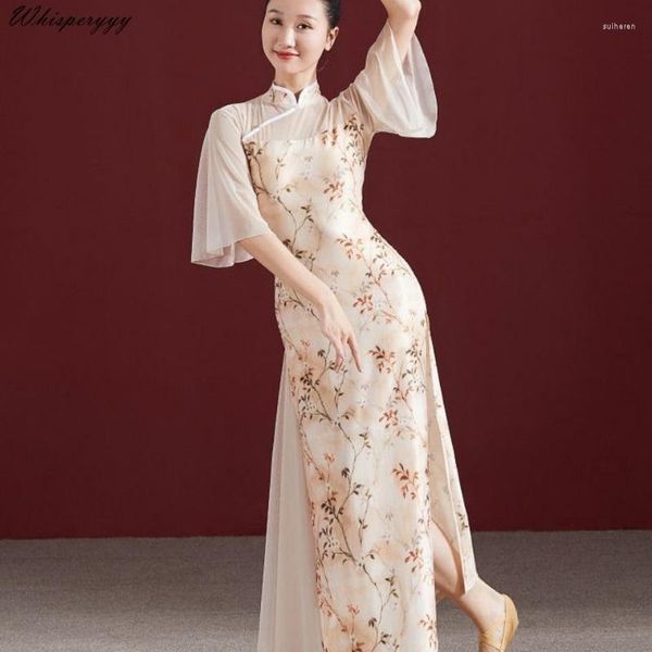 Roupas étnicas Estilo Nacional Chinês Dança Clássica Elástica Cheongsam Mulheres Slim Elegante Floral Qipao Vintage Fashion Dress Feminino