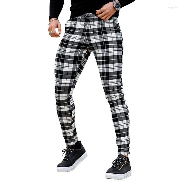 Calças masculinas moda casual pequena verificação retro cintura média mais versão coreana da estação de rua hip hop
