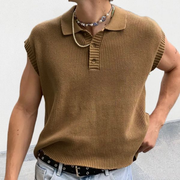 Camisolas masculinas lazer sólido tricô tops homens sem mangas abotoado turn-down colarinho colete camisas primavera verão roupas masculinas moda 230824