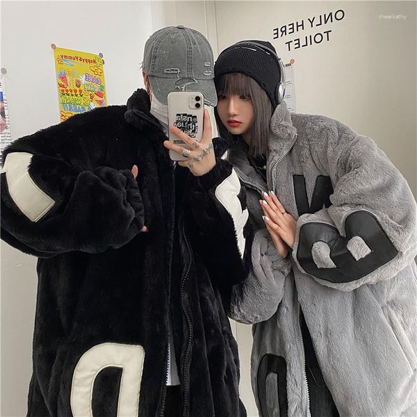 Trench da donna Cappotto in lana di agnello unisex invernale Harajuku trapuntato ispessito con colletto alla coreana Oversize lettere Hip Hop imbottito