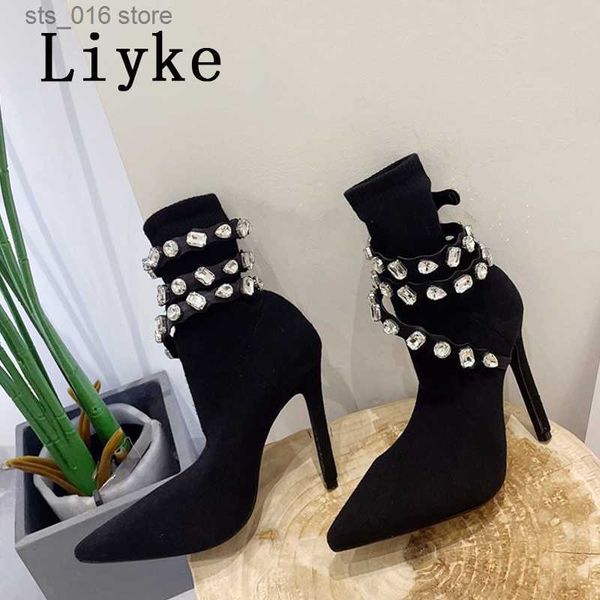 Botas Liyke Sexy Pointed Toe Cozy Stretch Fabric Botas para Mulheres Party Nachtclub Stripper Saltos Botas Cristal Tornozelo Meias Sapatos T230824