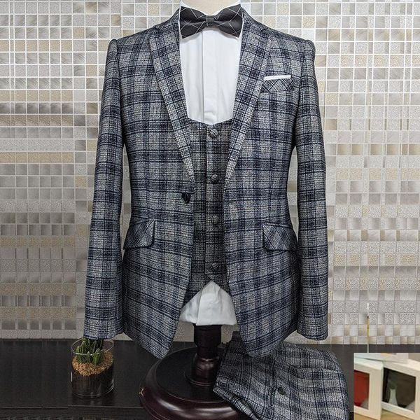 Ternos masculinos estilo inglaterra, terno xadrez de alta qualidade, design de casamento, 3 peças, fantasia de cavalheiros