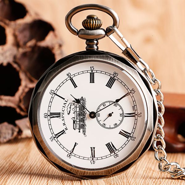 Relógios de bolso Luxo Open Face Train Big Dial Numers Romanos Mecânico Esqueleto Relógio de Bolso Steampunk Mão Winding Relógio Homens Mulheres Corrente Presente 230825