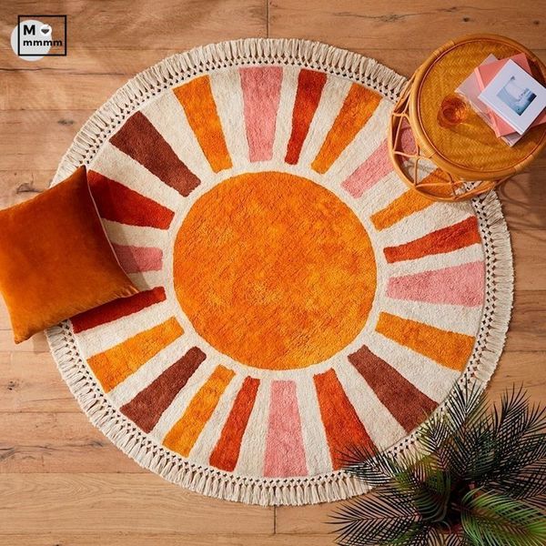 Teppiche Retro Sonnenkreis Flauschiges Schlafzimmer neben Teppich runder Tufting-Teppich 3D unregelmäßiger Plüsch Nachttisch Kinderzimmer Spielmatten für Kinder 230825