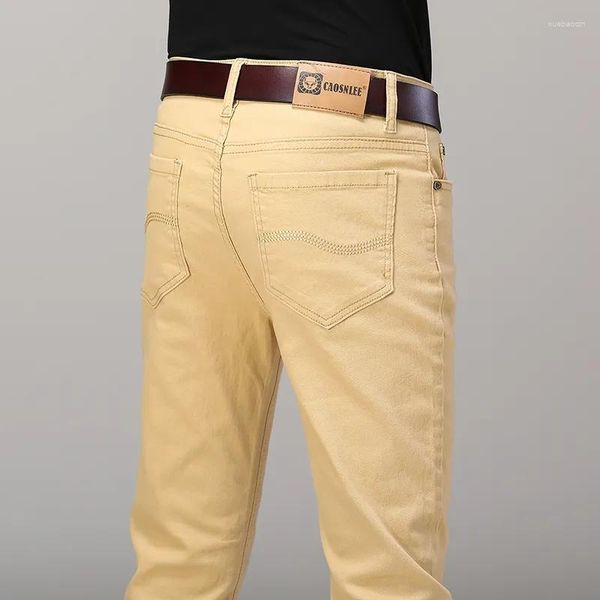 Мужские джинсы хаки с твердым цветом стройной классический классический бизнес, повседневные брюки, корея мужской офис Полно длины джинсовые брюки