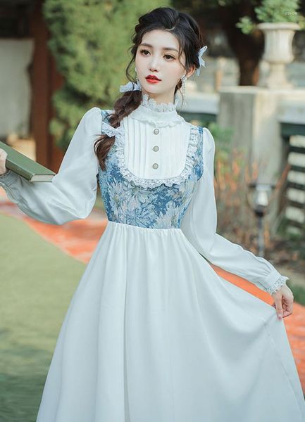 Casual Kleider Französisch viktorianischen Stil Frau Weißes Kleid Vintage Jacquard Floral Spitze Langarm Dame Midi Vestido Robe Blanche Femme
