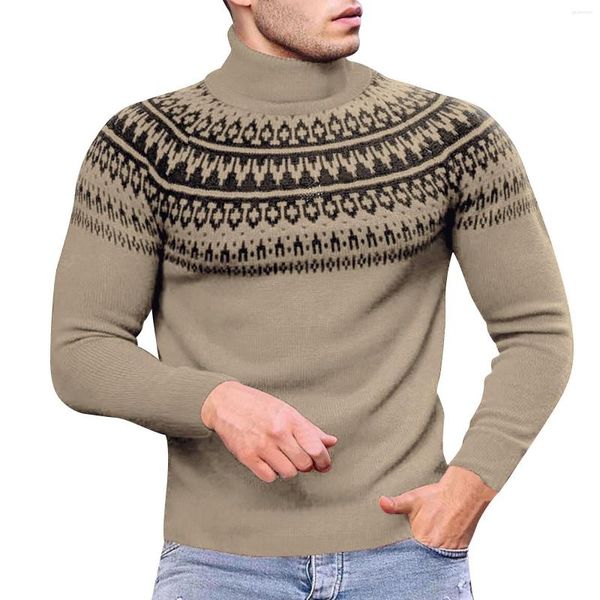 Blusas masculinas inverno outono malha pulôver camisa gola alta manga longa geométrica tricô blusa masculina topo fino ajuste