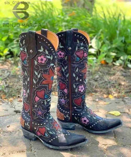 Floral Cowgirls Cowboy Heart Mid Calf Mulheres empilhadas com salto de bordado Trabalho Livro de Botas Ocidentais Big Size 46 Abbc