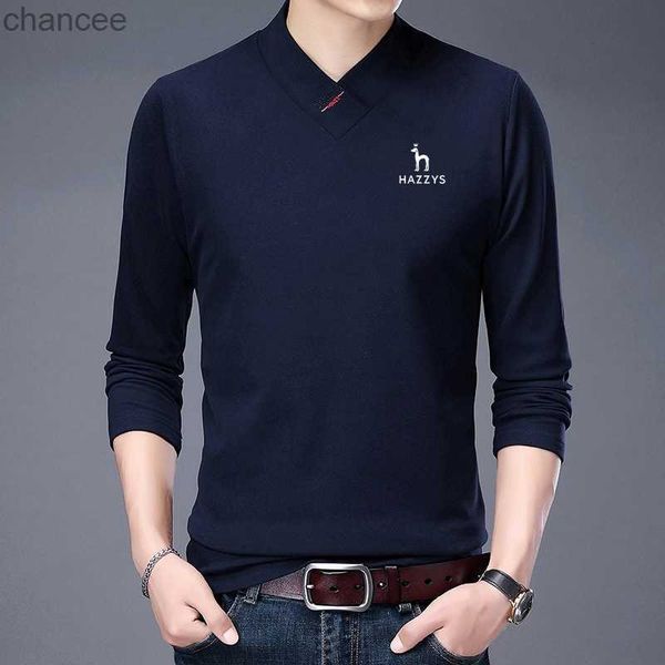 Hazzys Ricamo Uomini POLO Camicia 2023 Autunno Mens Elastico T-Shirt Con Scollo A V Manica Lunga Top Uomo T Shirt di Marca Magliette HKD230825