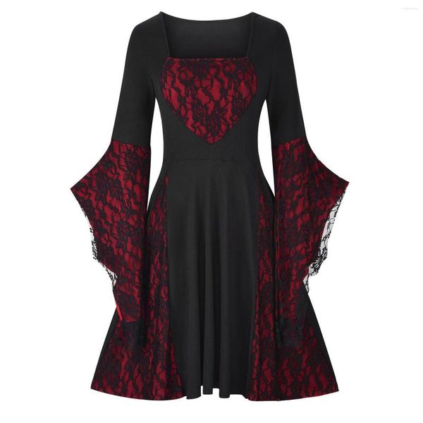 Vestidos casuais retro medieval gótico vestido halloween mulher alargamento manga renda chiffon retalhos festa traje vestido de noite