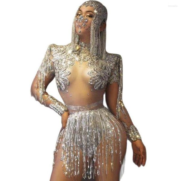 Palco desgaste ouro/prata strass decoração borla bodysuit mulheres apliques diamantes manga longa personalidade desempenho traje senhoras