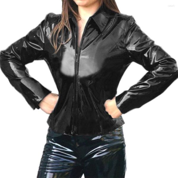 Giacche da donna Cappotto in PVC a maniche lunghe con colletto rovesciato effetto bagnato Cappotto punk con cerniera frontale Giacca in ecopelle lucida Top da donna per uomo lucido