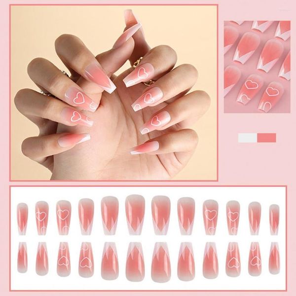 Unhas Falsas 24 Pçs / Caixa Durável Patches de Unhas Falsas Fino Acabamento Destacável DIY Forma Amorosa Blush Francês