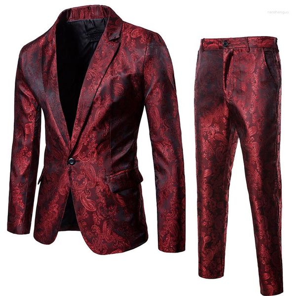 Ternos masculinos vinho vermelho paisley jaqueta calças conjunto 2 peça elegante lapela entalhada um botão smoking terno masculino clube festa traje homme