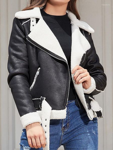 Frauen Leder Herbst Winter Faux Lammfell Schaffell Motorrad Mantel Frauen Streetwear Dicke Warme Wildleder Lamm Jacke Mit Gürtel