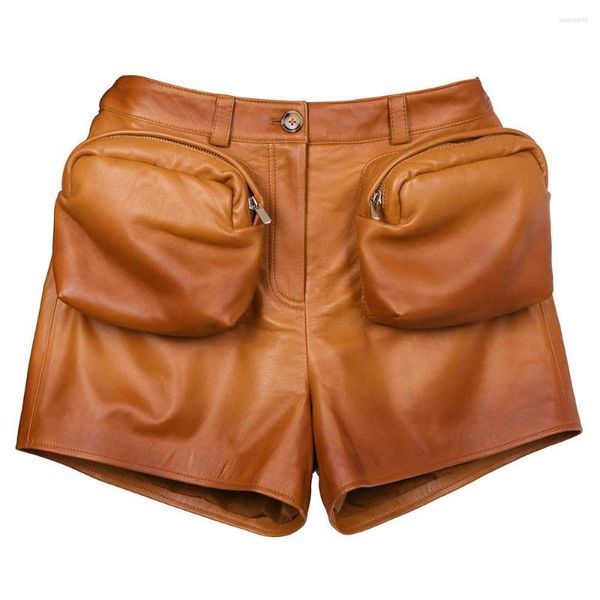 Pantaloncini da donna YOLOAgain Tasche con patta Vintage Genuina Donna in pelle 2023 Autunno Moda pelle di pecora Ladies Streetwear
