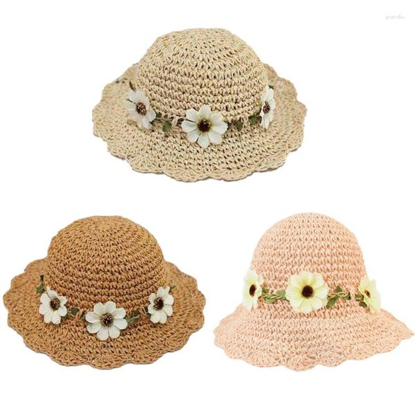 Berets Children Flower Crochet Strail Hat для Sun Beach Cap Fisherman ежедневно