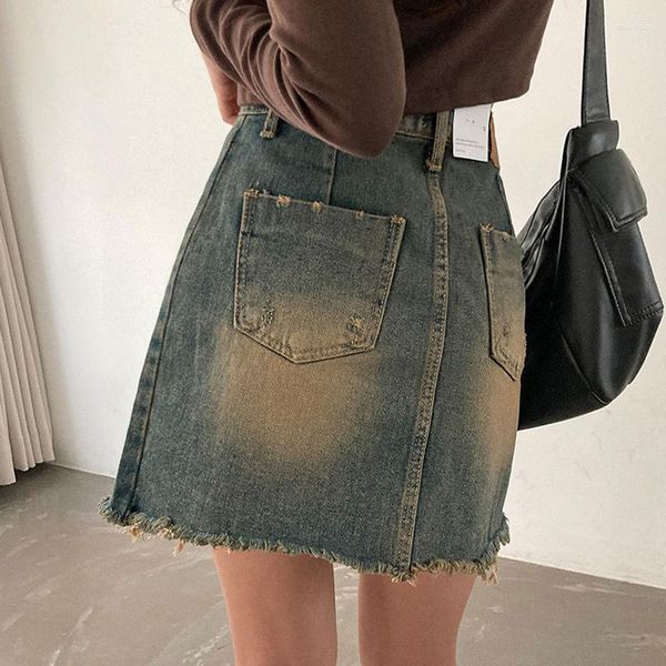 Saias Casual Skir Estilo Americano Lavado-Água Velha Denim Saia Alta Cintura Comprimento da Perna A-Linha Bolso Hem Saia2023