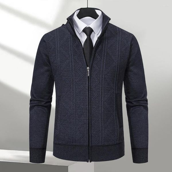 Camisolas masculinas homens camisola outono inverno gola cardigan casaco de tricô zíper placket com nervuras padrão de onda