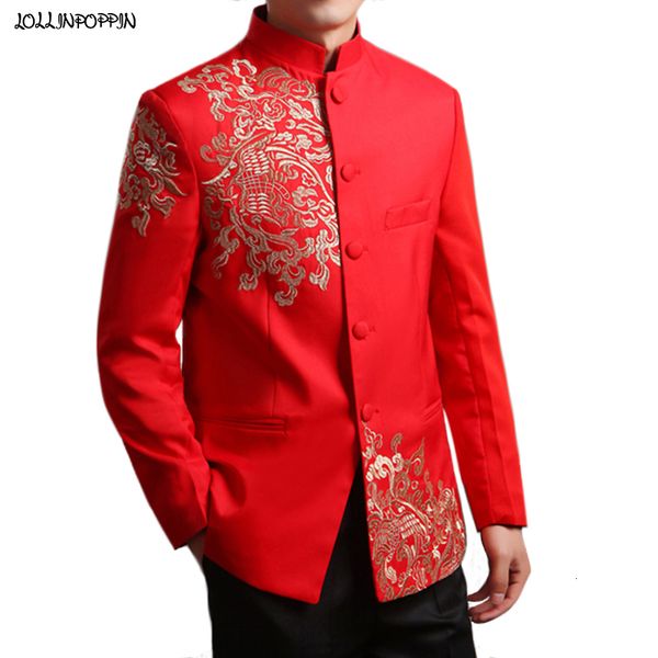 Ternos masculinos Blazers Jaqueta de casamento de estilo chinês Men Borderyer Patterns Tunic Tunic Saciz Jaqueta mandarim colarinho vermelho / branco 230824