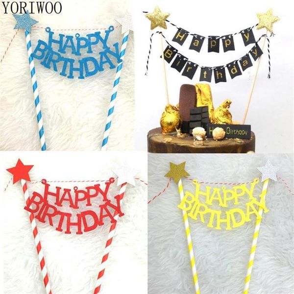 Yoriwoo feliz aniversário bolo topper bandeira banner cupcake toppers 1º aniversário decorações de festa crianças chá de bebê bolo decorating12565