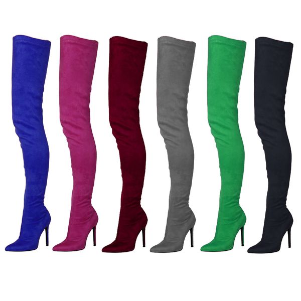 Удлиняемые тонкие ботинки для ног упругие замши заостренные пальцы, сексуальные по колене, дизайнерский сапог для женщин черно -зеленый синий синие каблуки Женские женские туфли