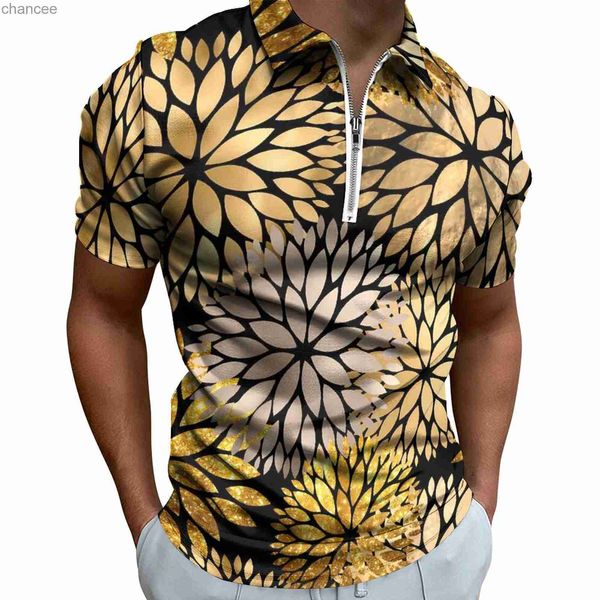 Polo casual con stampa floreale dorata T-shirt con fiori Maglietta da uomo a maniche corte Design Beach Trendy Oversize Clothes Regalo di compleanno HKD230825