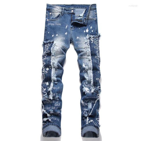 Jeans da uomo Moda Patchwork blu Ricamo con lettera spezzata Micro-elastico Piedi piccoli Pantaloni per adolescenti con personalità in stile europeo
