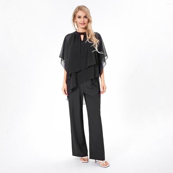 Calças femininas de duas peças moda 2 roupas meia manga irregular chiffon topos cor sólida suspender macacão define casual streetwear