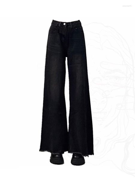 Calças de brim femininas rua baggy preto coreano moda hip hop calças largas calças cintura alta 2000s estética americana retro gótico