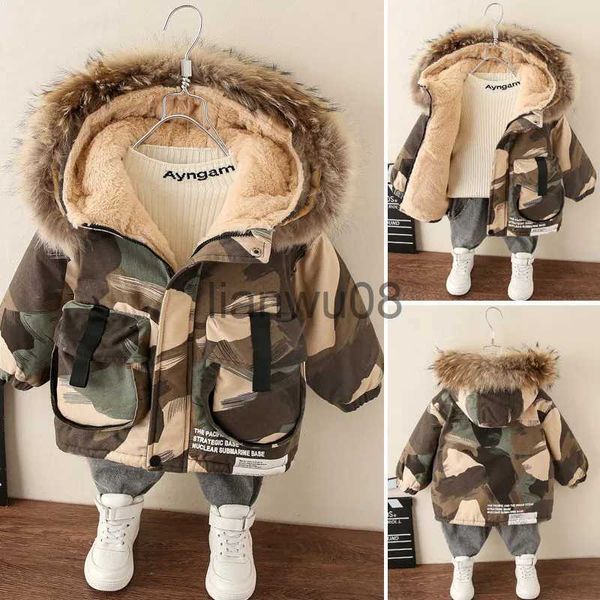 Casaco de inverno meninos casaco bebê gola de pele com capuz algodão mais veludo engrossar jaqueta de camuflagem quente para crianças outwear crianças roupas x0825