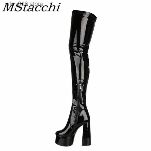 Botas Mstacchi Mulheres Coxa Botas Altas Glisten Patent Leather High Platform Boots Sexy Cor Sólida Sapatos de Salto Alto Botas Altas Femininas T230824