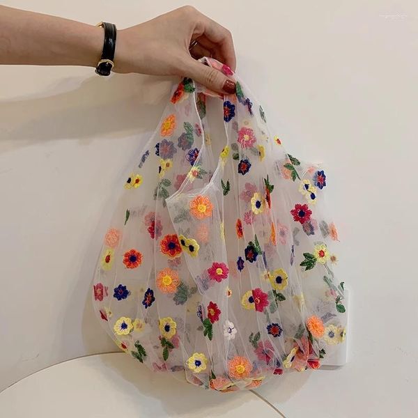 Sacos de compras femininos transparente dobrável malha pano margarida bordado bolsa multicolorido flor tule saco de frutas bolsa tote praia