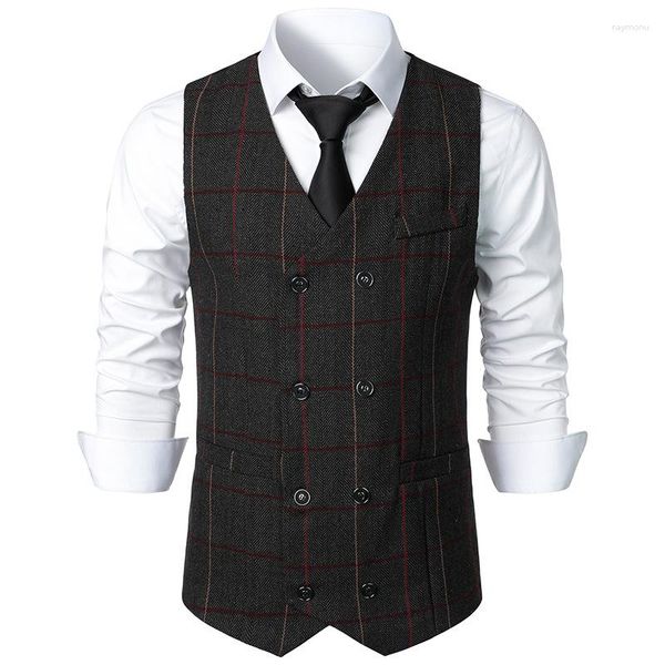 Erkek Yelekler Vintage Western Plaid Suit Yelek Erkekler 2023 Marka Çifte Breaded Tüvit Yelek Partisi Düğün Prom Chaleco