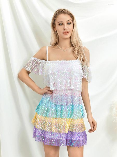 Partykleider Wsevypo Glitzernde Pailletten, geschichtete Rüschen, Sommerkleid, schulterfrei, Sling, locker, kurz, bunt, lässig