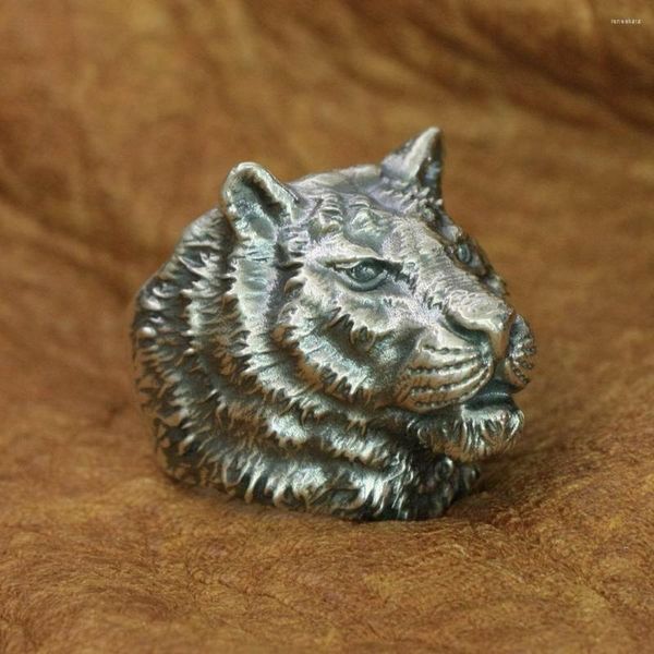 Anéis de Cluster 925 Sterling Silver Alto Detalhes Tiger Ring Mens Biker Punk TA223 US Tamanho 7-15