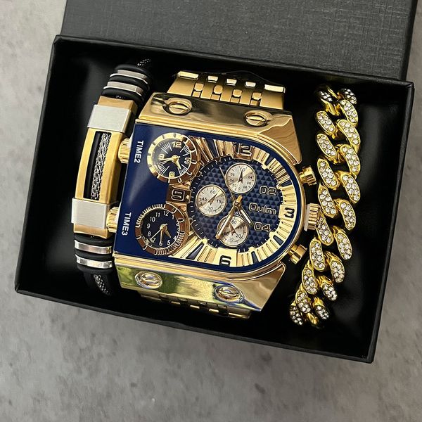 Armbanduhren Oulm Auto Date Herrenuhr Quadrat Gold Quarz Armbanduhr für Mann Sport Multi-Zeitzone Militär Männlich Wasserdicht Reloj Homme 230825