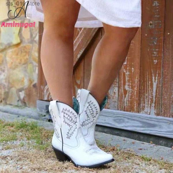 Botas Cowboy Mulheres Botas Ocidentais Dedo Apontado Slip-On 2023 Marca Design Ankle Boots Totem Retro Confortável Moda Cowgirl Botas Sapatos T230824