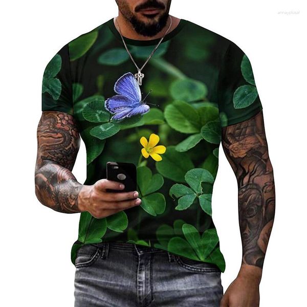 Herren T-Shirts Damen Herren T-Shirt Kleeblatt 3D-Druck Rundhalsausschnitt Tops Grüne Pflanze Muster Sommer Straße Trend Mode Lose Übergroß