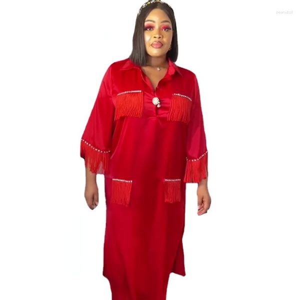 Roupas étnicas Outono Vestidos Africanos para Mulheres Elegantes 3/4 Manga Vermelho Azul Branco Borla Vestido Longo Maxi Dashiki Roupas