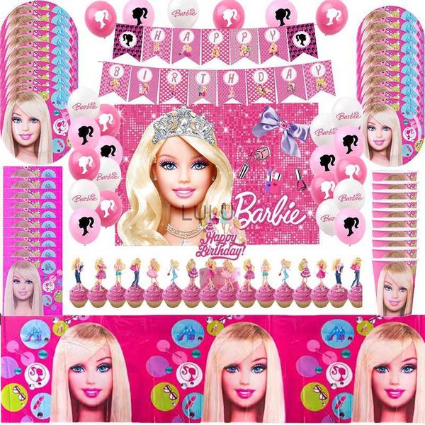 Rosa menina barbiee decoração de aniversário fontes de festa balão banner pano de fundo utensílios de mesa bolo topper chá de bebê hkd230825 hkd230825