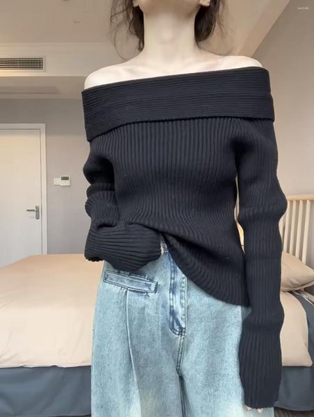 Kadın Sweaters Fransız Vintage Off Omuz Uzun Kollu Örme Kazak Kadınlar Top Sonbahar Seksi Baharatlı Kızlar Siyah İnce Fit Külot Giyim