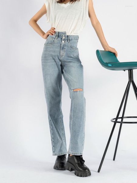 Calças de brim femininas calças femininas 2023 alta cintura baixa um joelho rasgado micro-stretch calças jeans finas